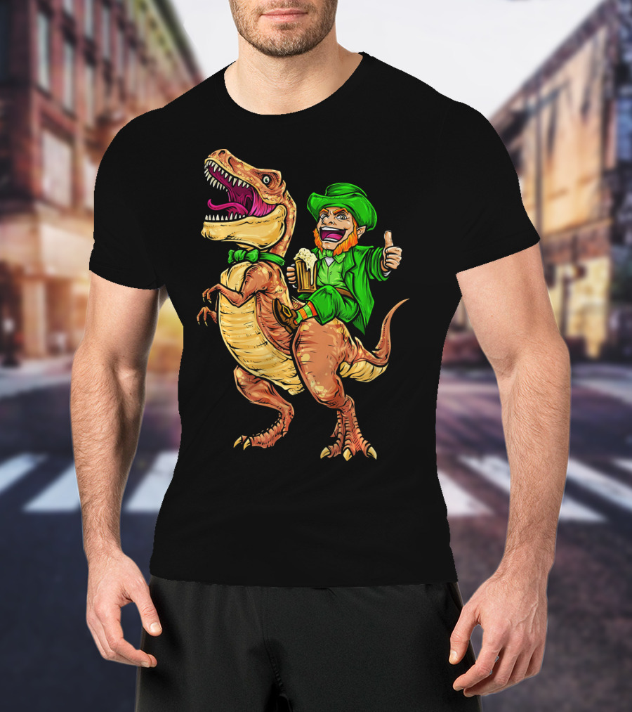 St. Patricks Day Lucky Leprechaun Riding Dinosaur With Beer T-Shirt