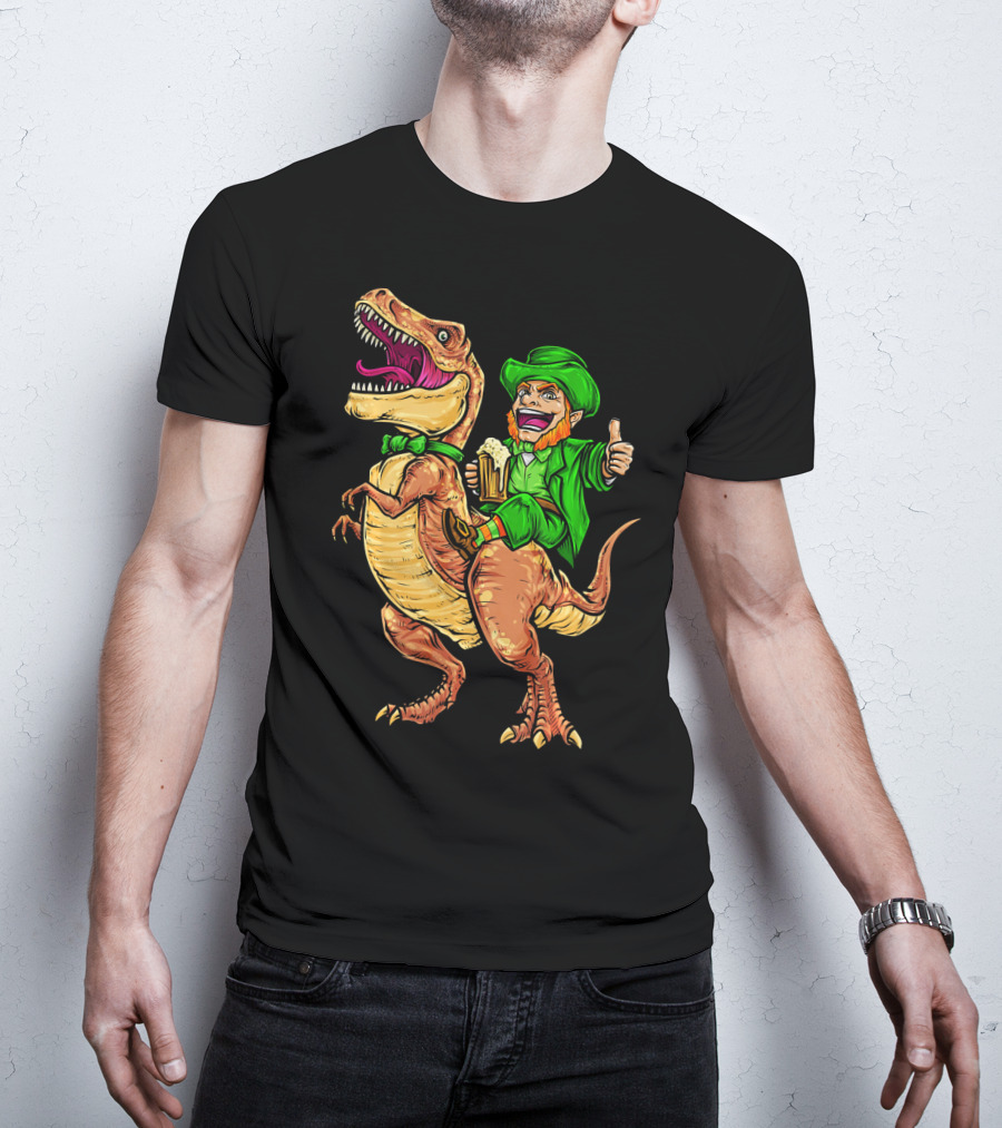 St. Patricks Day Lucky Leprechaun Riding Dinosaur With Beer T-Shirt