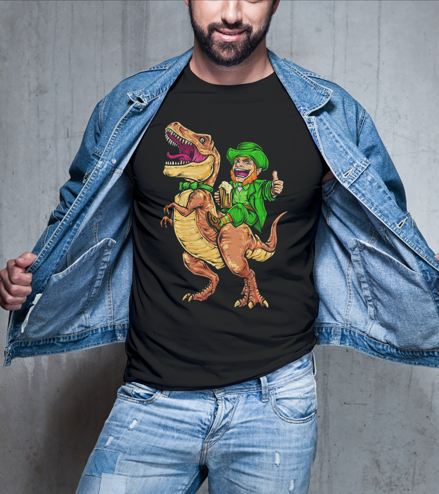 St. Patricks Day Lucky Leprechaun Riding Dinosaur With Beer T-Shirt