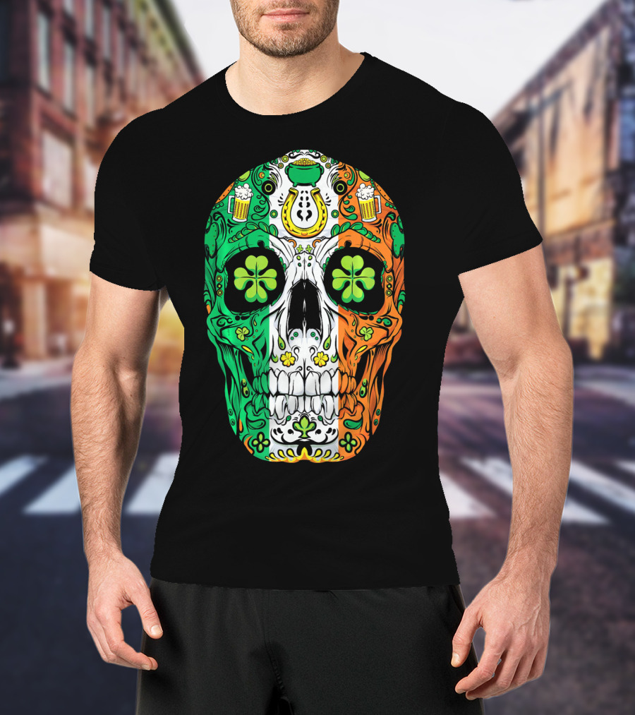 Sugar Skull Irish Leprechaun Shamrock St Patrick's Day T-Shirt