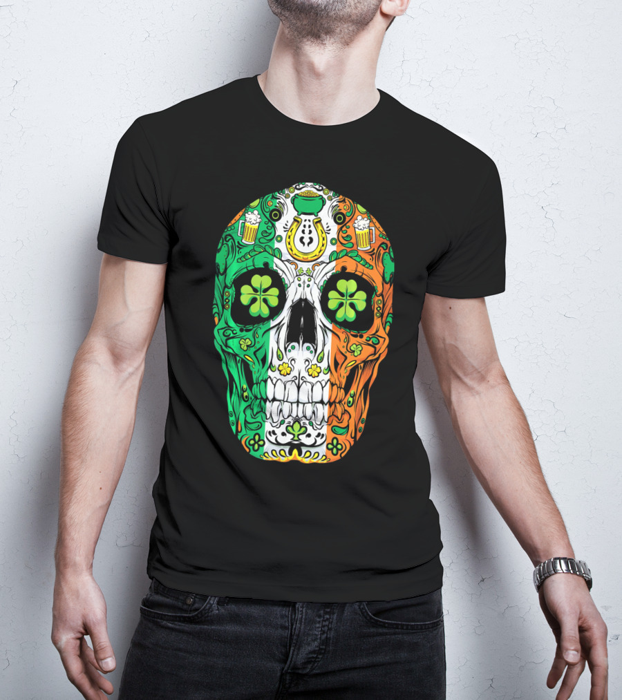 Sugar Skull Irish Leprechaun Shamrock St Patrick's Day T-Shirt