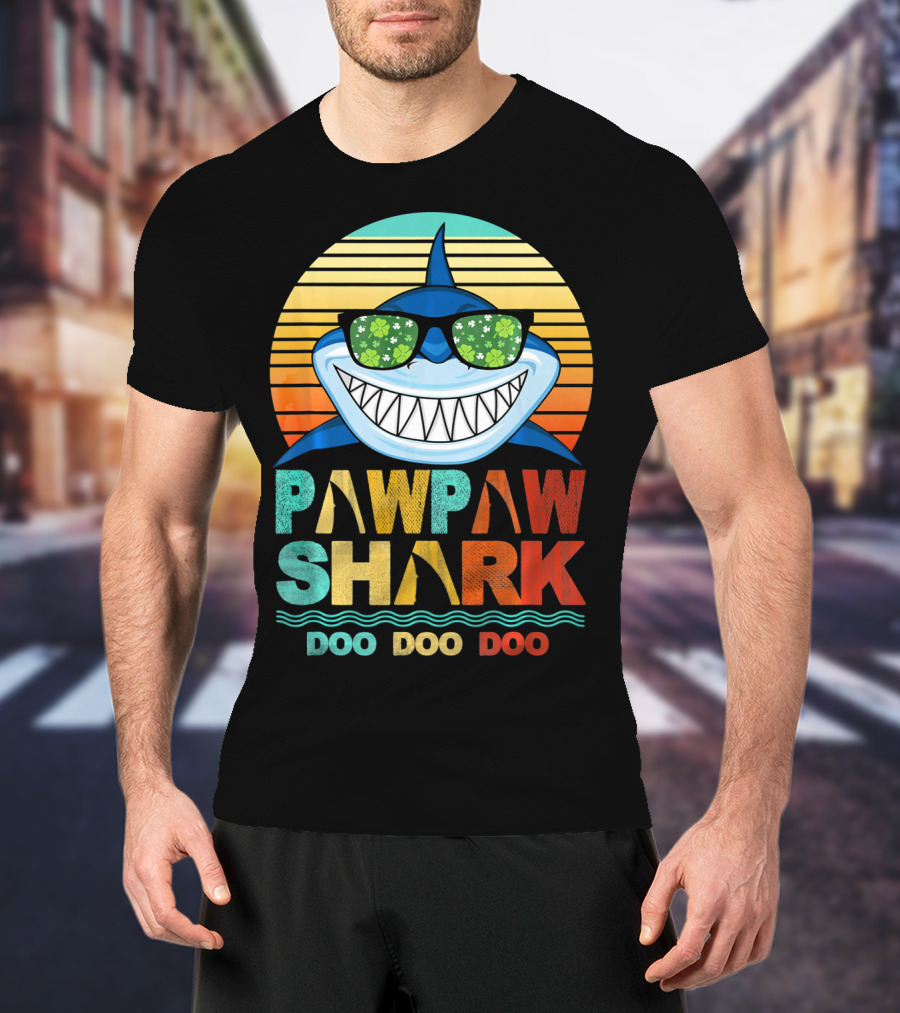 Pawpaw Shark Doo Doo Doo Sunglasses Retro Sunburst T-Shirt