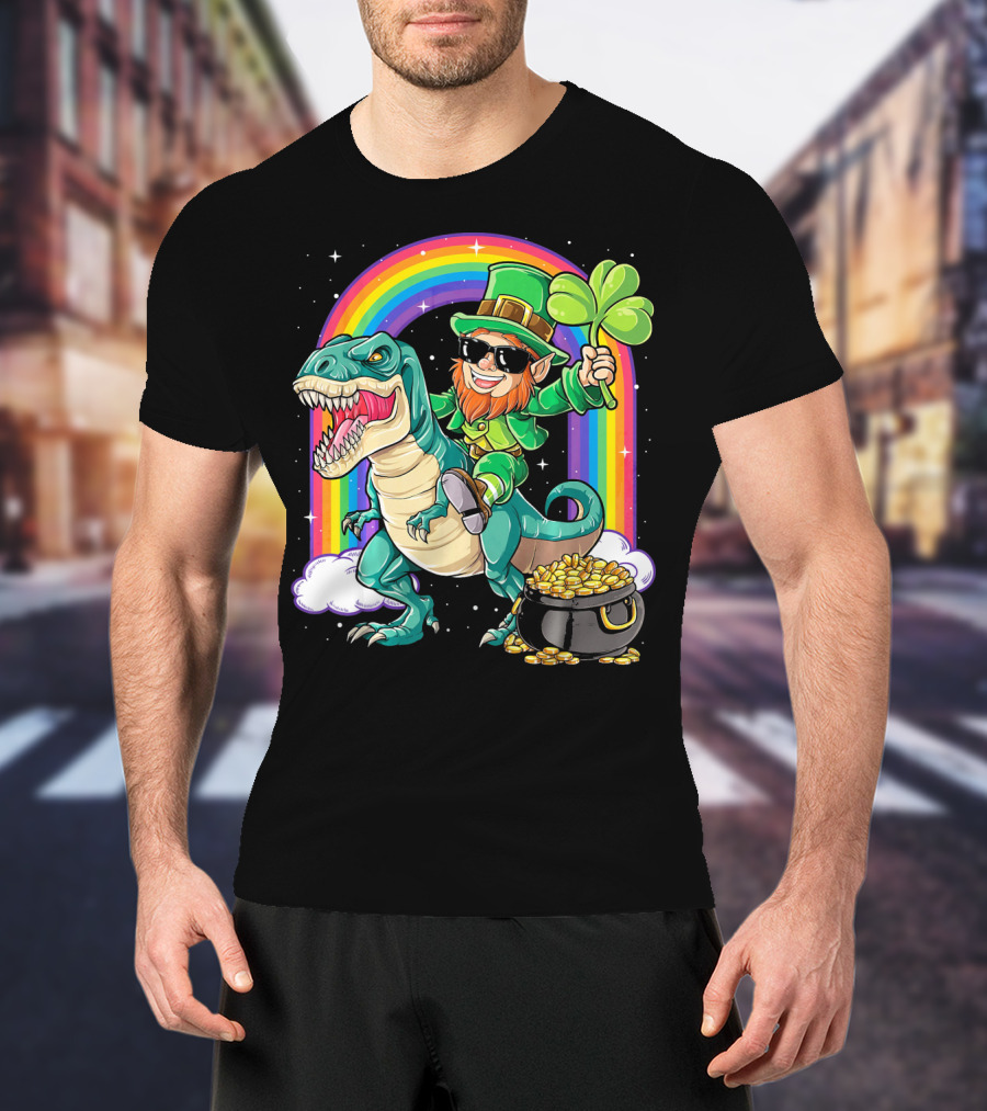 Leprechaun Riding Dinosaur T-Rex Shamrock Rainbow Pot Of Gold St Pat's Day T-Shirt