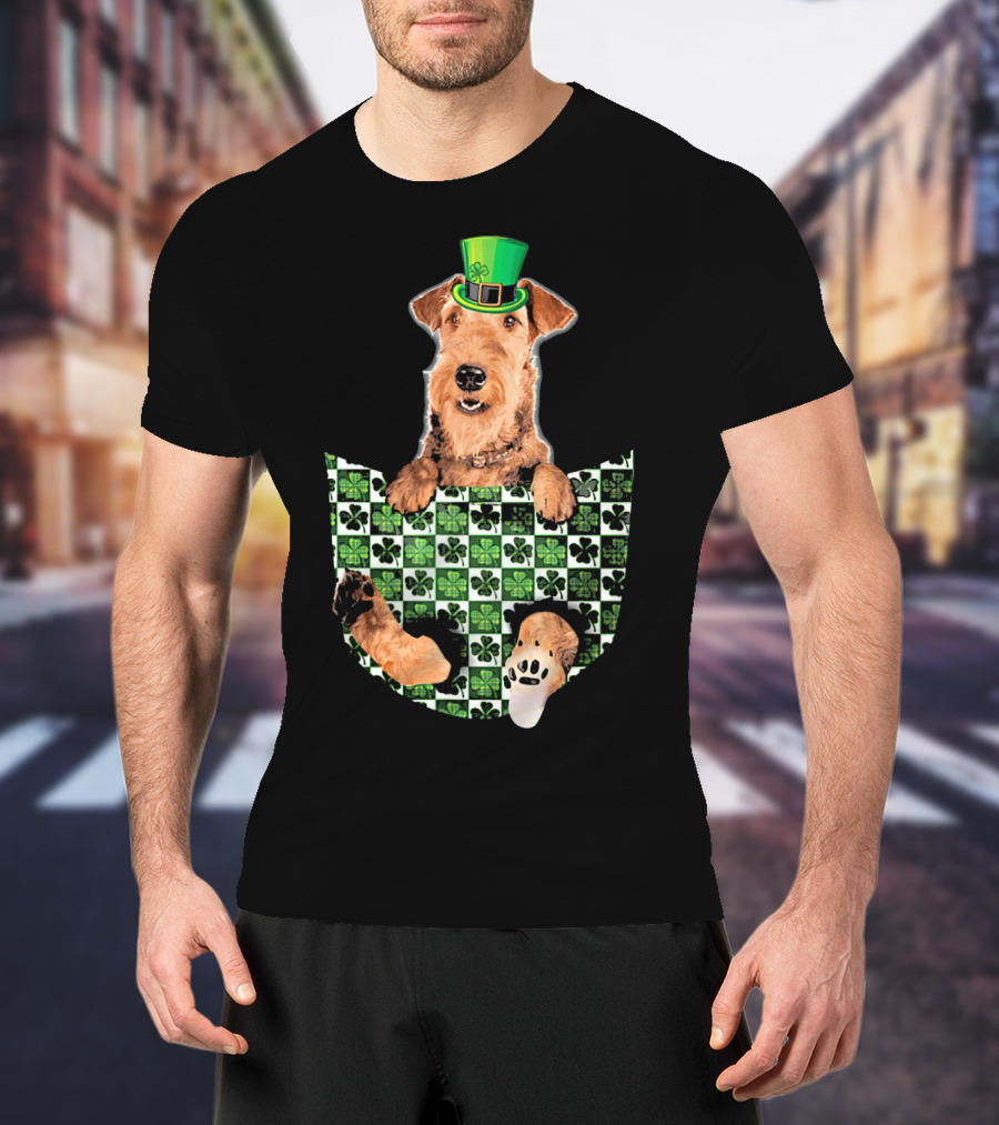 Airedale Terrier Pocket Patrick Hat Green Shamrocks T-Shirt