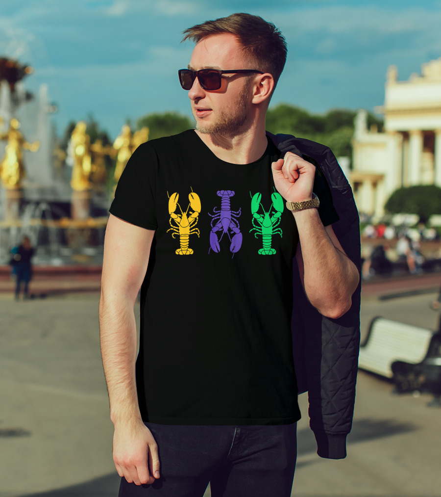 Mardi Gras Yellow Purple Green Crayfish Lobsters T-Shirt