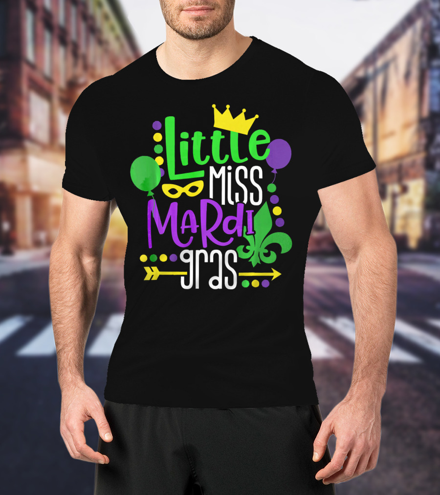 Little Miss Mardi Gras Crown Balloons Mask Fleur De Lis T-Shirt