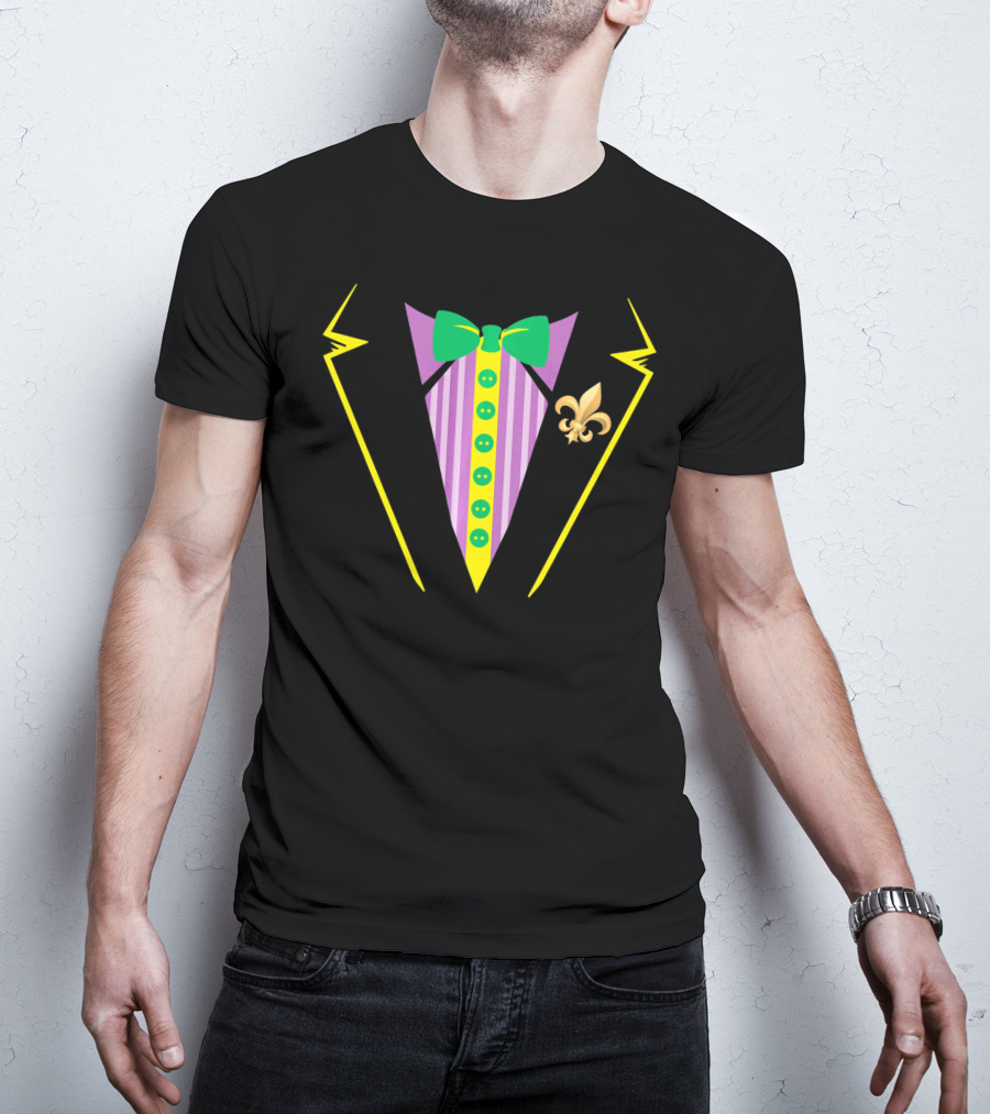 Mardi Gras Tux With Bow Tie And Fleur De Lis Icon For Funny Party T-Shirt