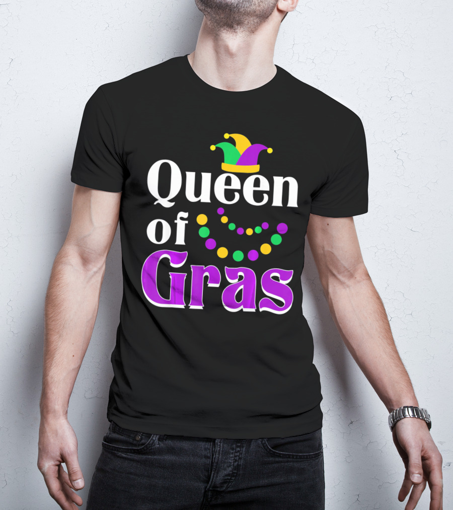 Queen Of Gras Funny Mardi Gras Beads And Jester Hat T-Shirt