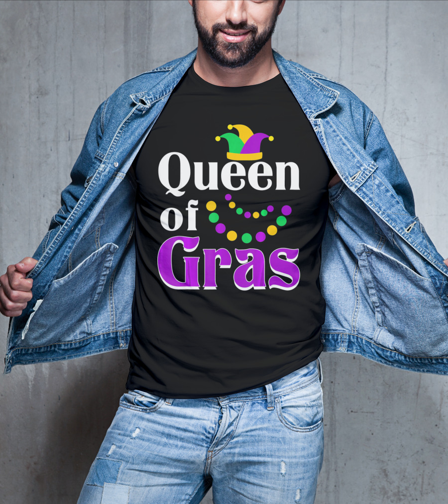 Queen Of Gras Funny Mardi Gras Beads And Jester Hat T-Shirt