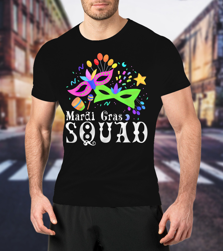 Mardi Gras Squad Mask Beads Confetti Celebration Fun T-Shirt
