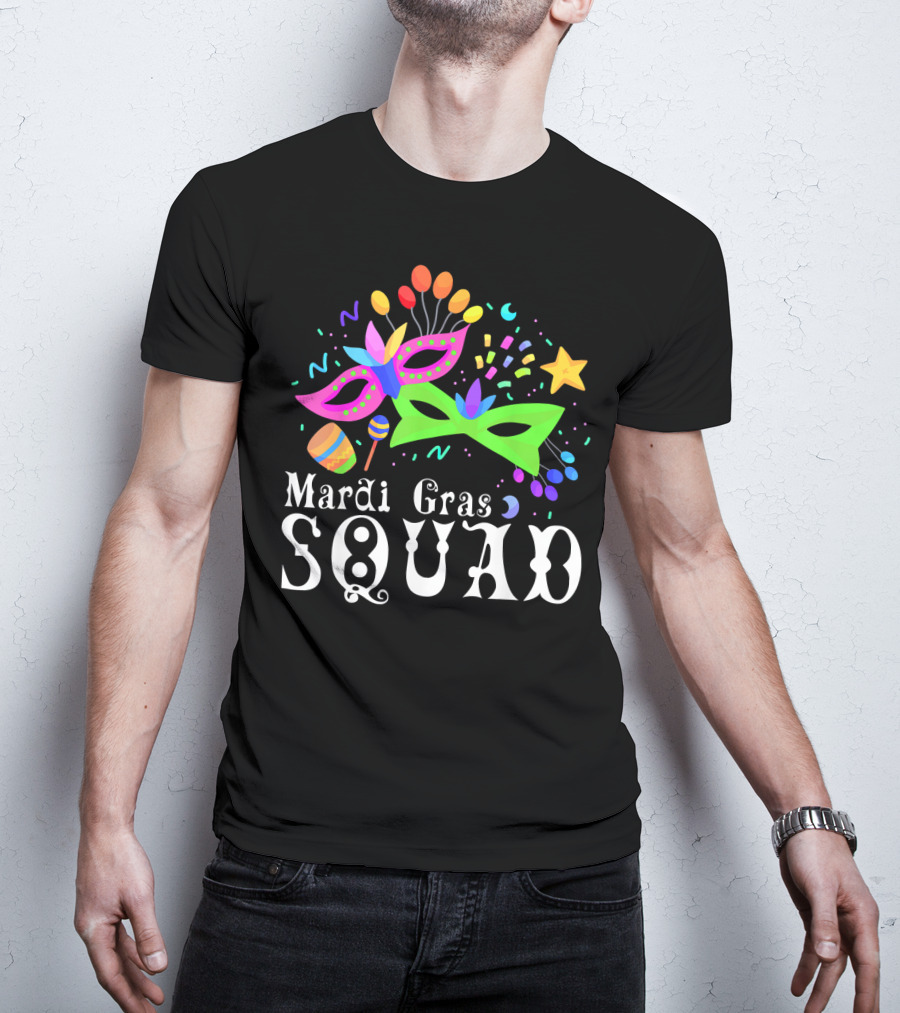 Mardi Gras Squad Mask Beads Confetti Celebration Fun T-Shirt