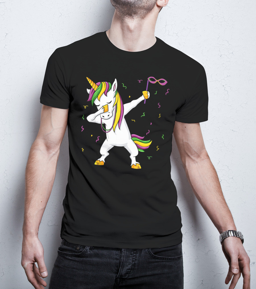 Dabbing Unicorn Mardi Gras Mask Colorful Fun Girls T-Shirt