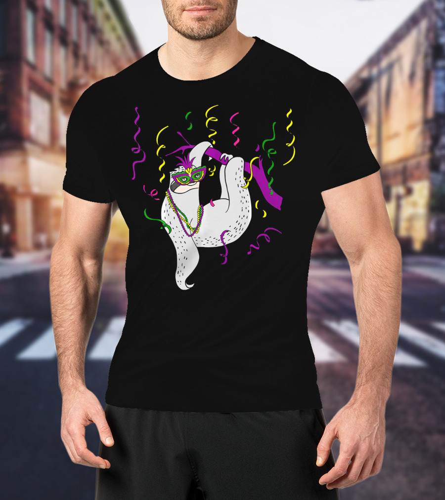 Sloth Mardi Gras Colorful Mask And Beads T-Shirt