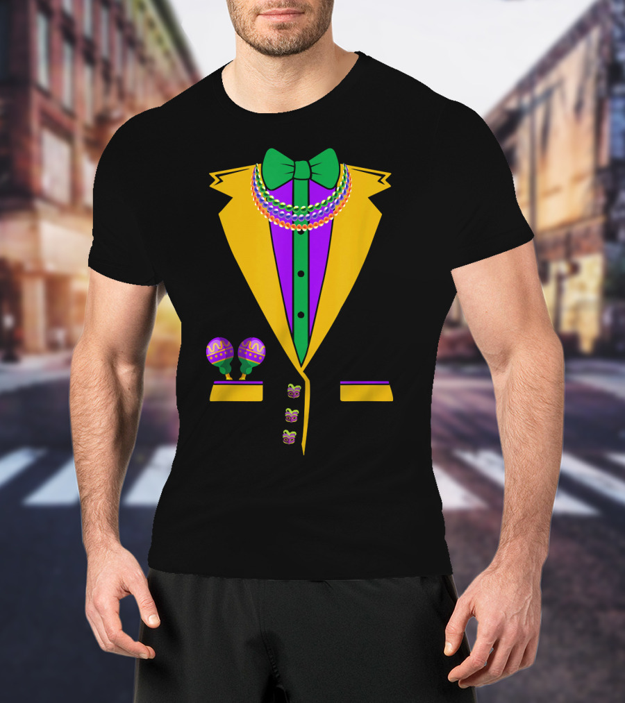 Tuxedo Vest Mardi Gras Beads Bowtie Maracas Costume T-Shirt
