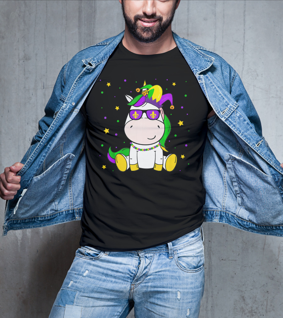 Mardi Gras Unicorn Kids Carnival Festival Jester Fleur-De-Lis Beads T-Shirt