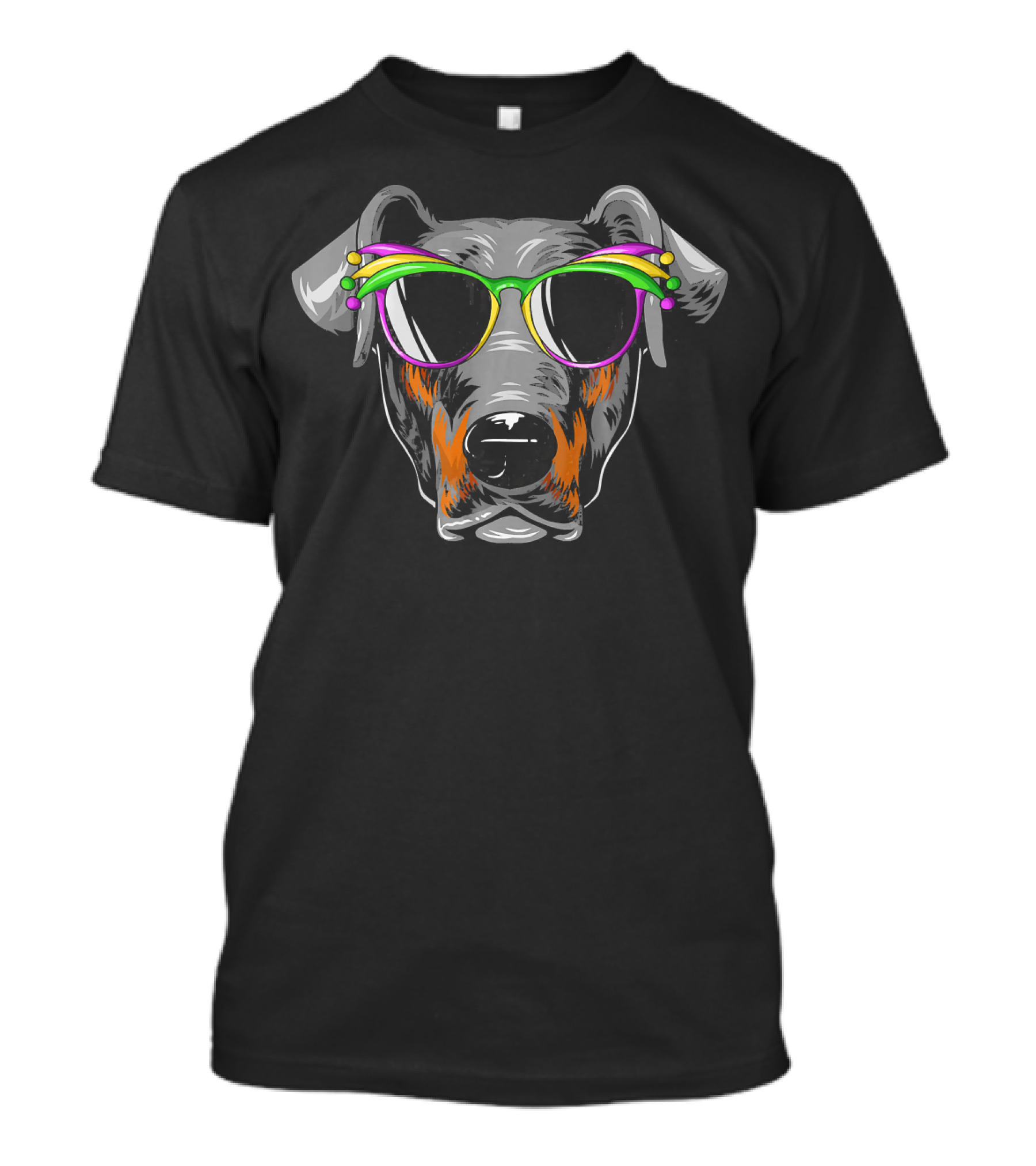 Doberman With Mardi Gras Carnival Mask Sunglasses T-Shirt