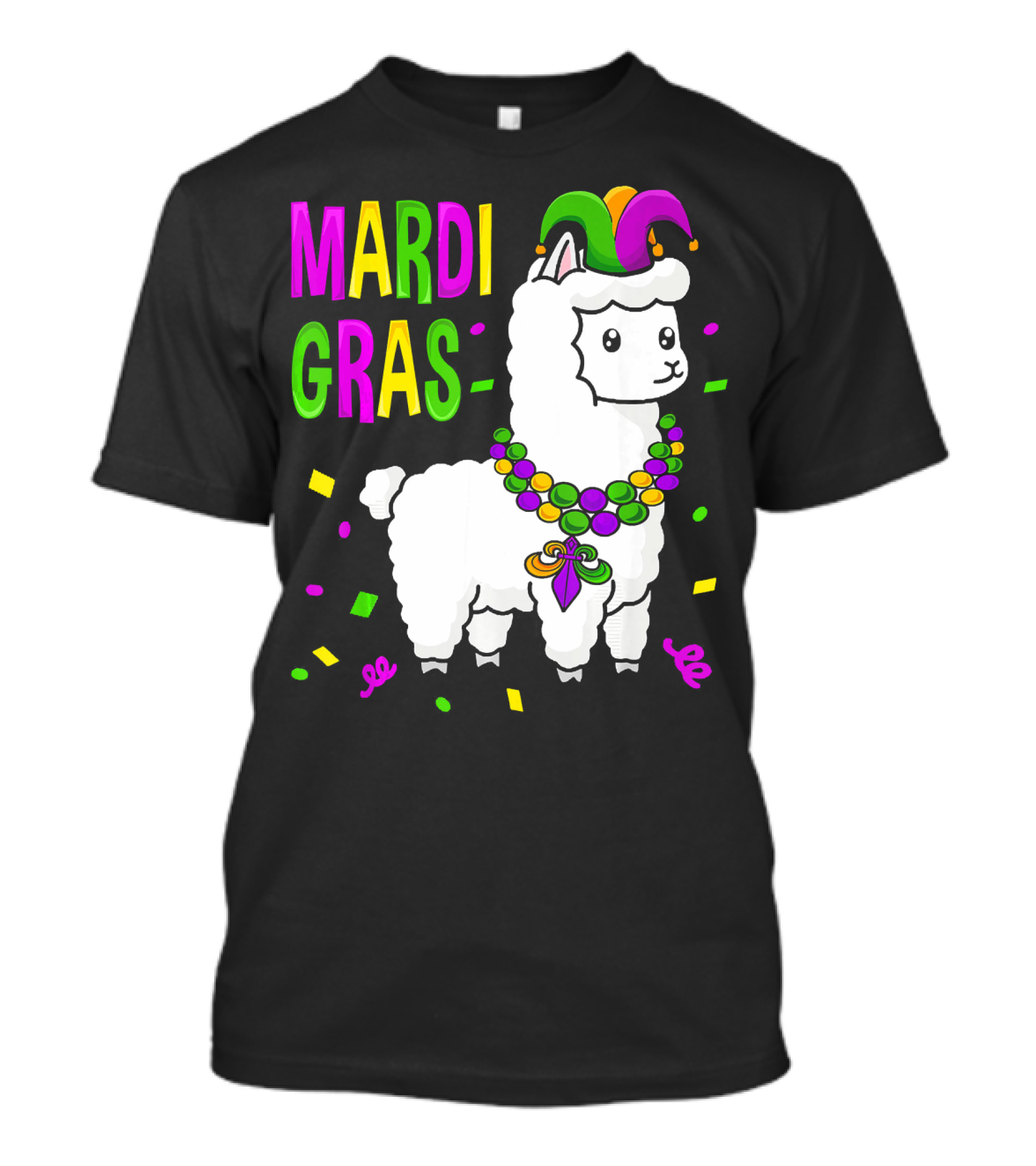Mardi Gras Llama Jester New Orleans Beads Confetti T-Shirt