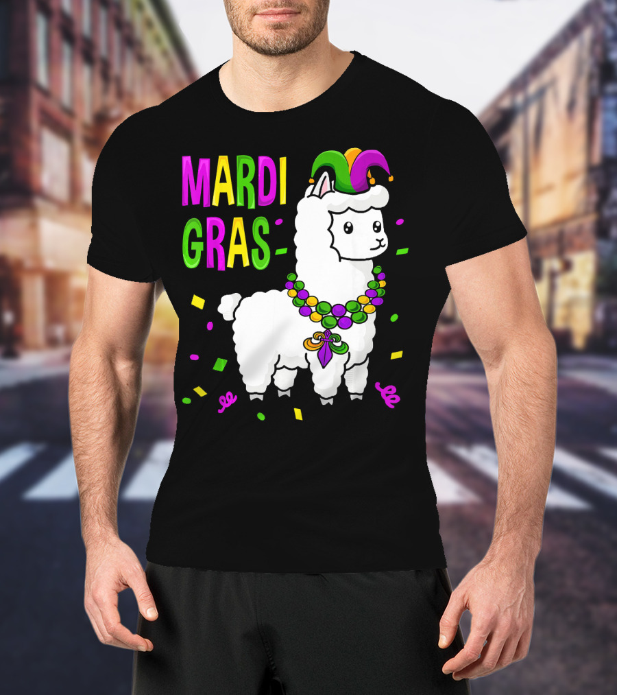 Mardi Gras Llama Jester New Orleans Beads Confetti T-Shirt