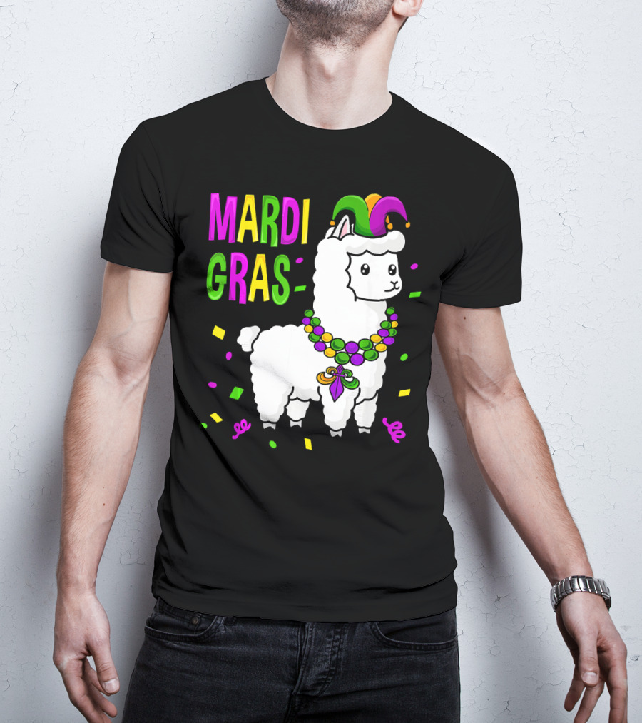 Mardi Gras Llama Jester New Orleans Beads Confetti T-Shirt