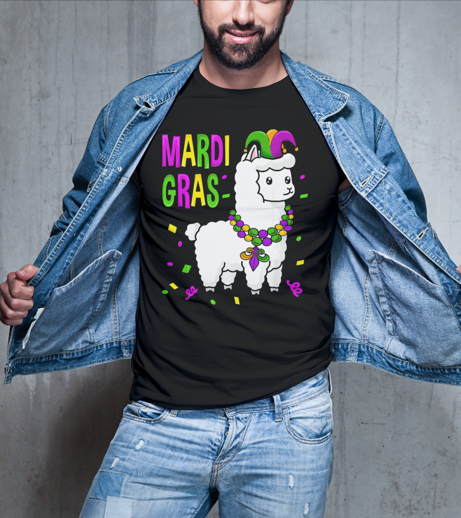 Mardi Gras Llama Jester New Orleans Beads Confetti T-Shirt