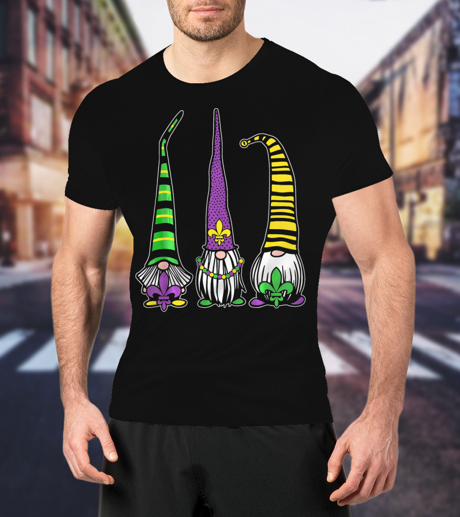 Cute Gnomes Mardi Gras Tuesday Gnome Bea Festival Fleur De Lis T-Shirt