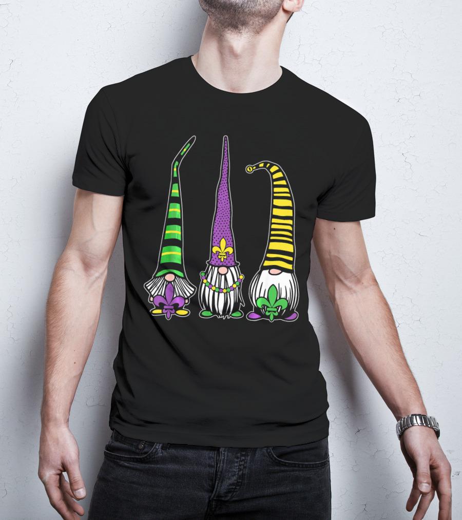 Cute Gnomes Mardi Gras Tuesday Gnome Bea Festival Fleur De Lis T-Shirt