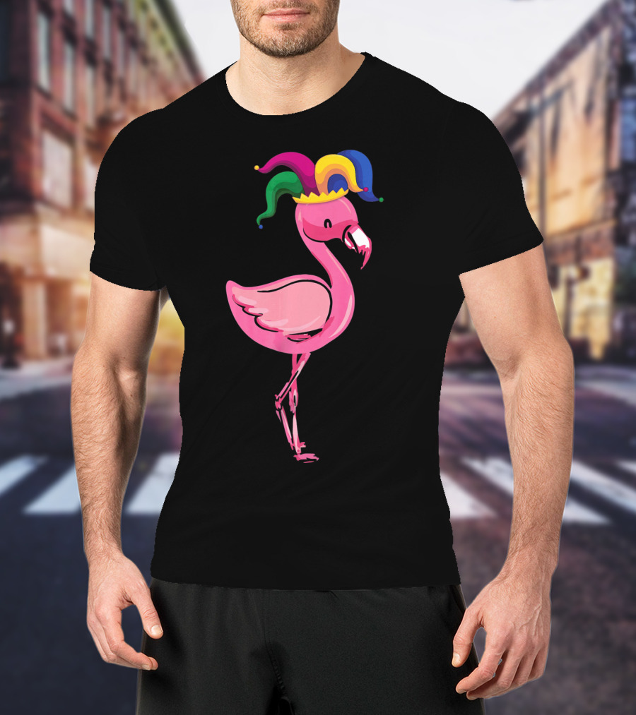 Flamingo With Jester Hat Mardi Gras Costume T-Shirt