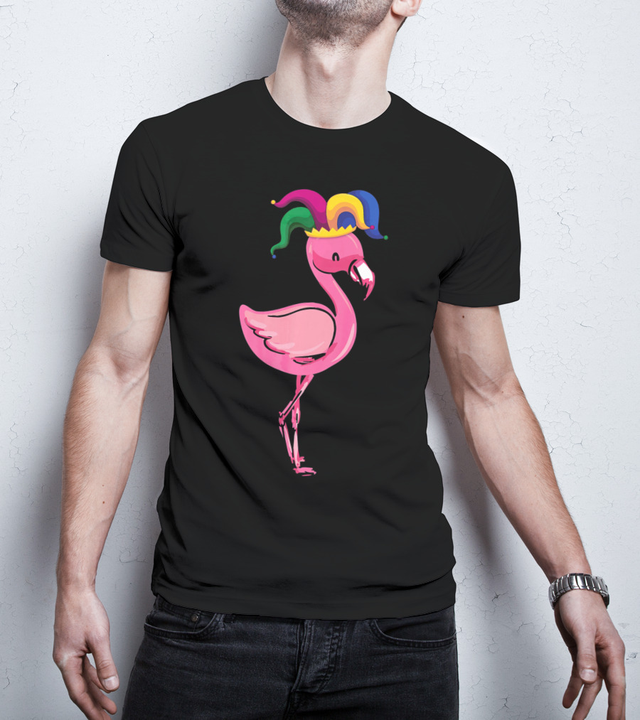 Flamingo With Jester Hat Mardi Gras Costume T-Shirt