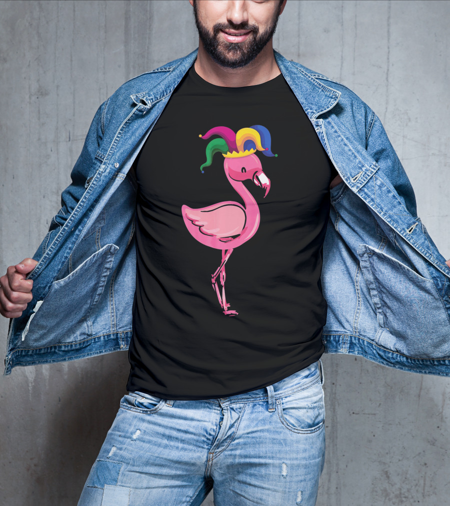 Flamingo With Jester Hat Mardi Gras Costume T-Shirt