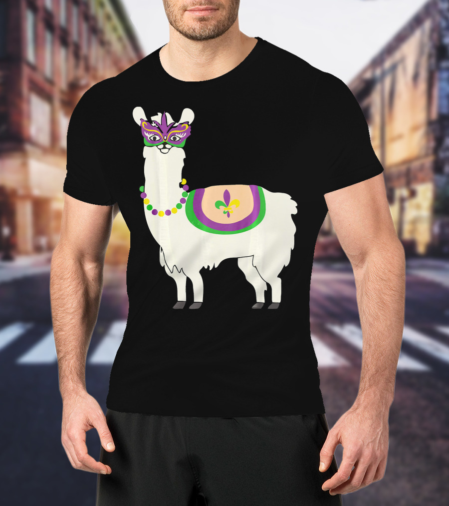 Mardi Gras Llama With Fleur-de-Lis Beads And Mask For Funny Carnival Party T-Shirt