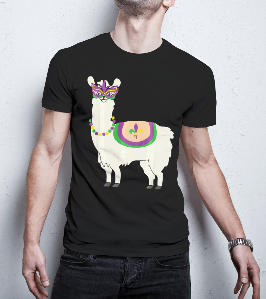 Mardi Gras Llama With Fleur-de-Lis Beads And Mask For Funny Carnival Party T-Shirt