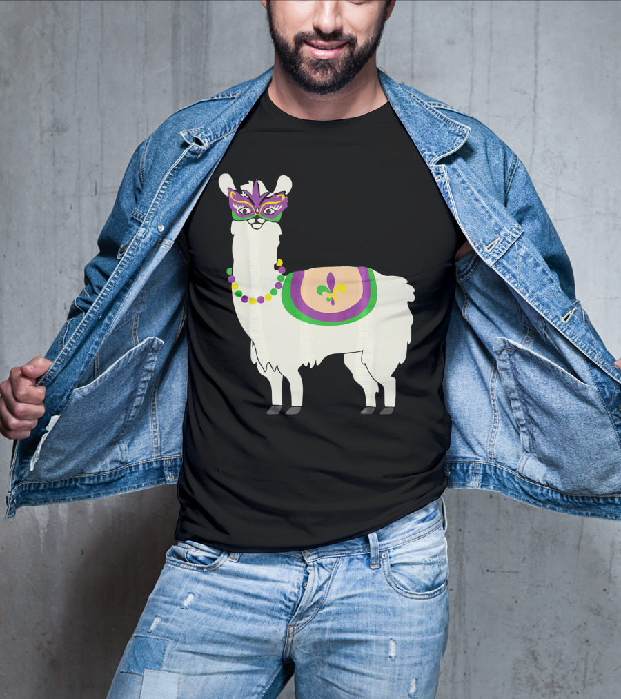 Mardi Gras Llama With Fleur-de-Lis Beads And Mask For Funny Carnival Party T-Shirt