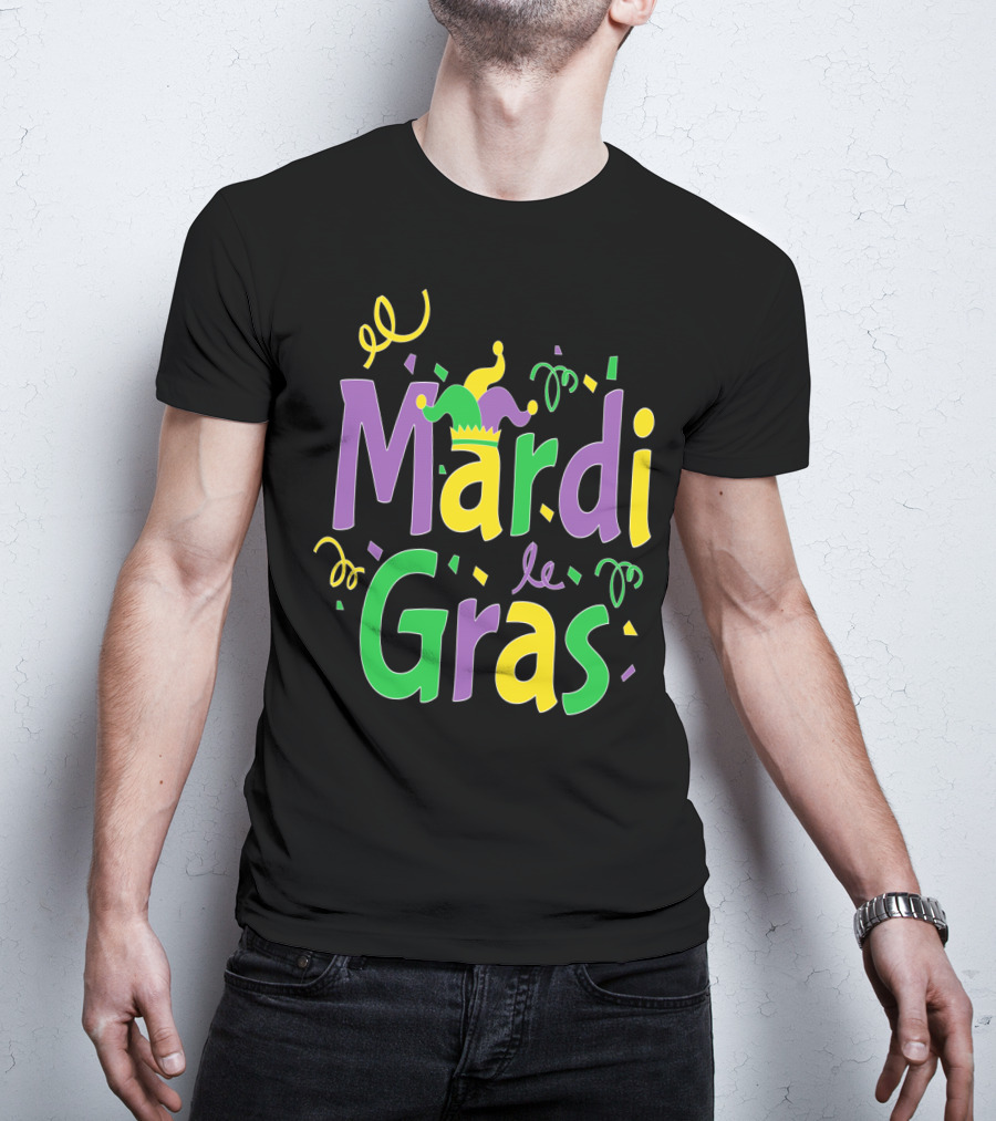 Mardi Gras Party Colorful Celebration With Jester Hat And Confetti T-Shirt
