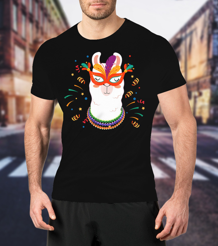 Llama Mardi Gras Mask Beads Festive T-Shirt