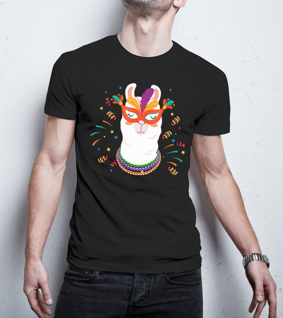Llama Mardi Gras Mask Beads Festive T-Shirt