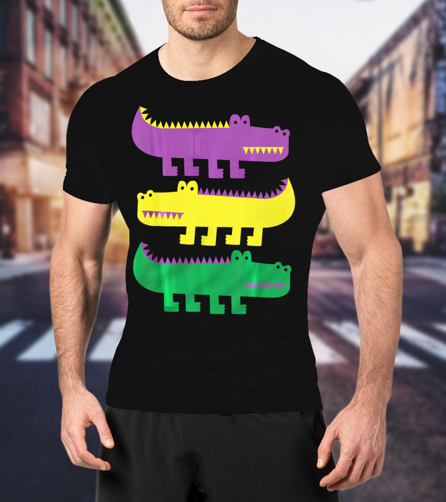 Mardi Gras Happy Alligator Crocodile Fun Purple Yellow Green Trio T-Shirt