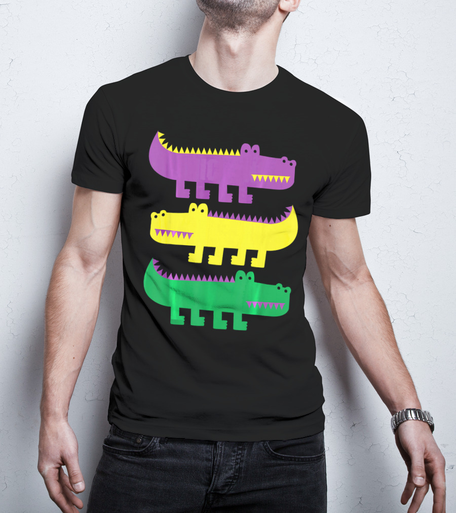 Mardi Gras Happy Alligator Crocodile Fun Purple Yellow Green Trio T-Shirt
