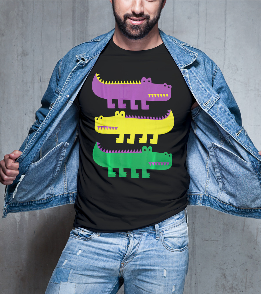 Mardi Gras Happy Alligator Crocodile Fun Purple Yellow Green Trio T-Shirt