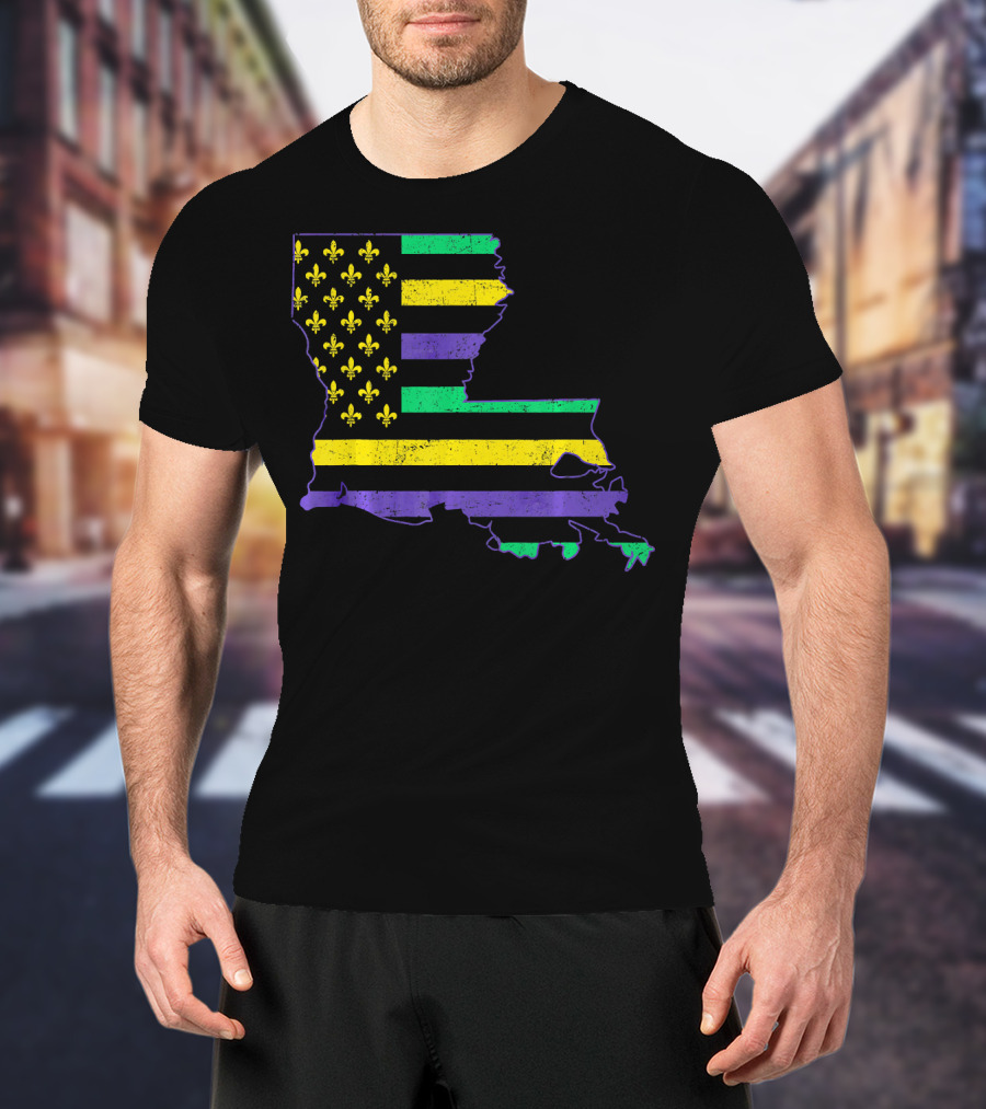 New Orleans Mardi Gras Louisiana Map Fleur-de-lis Flag T-Shirt