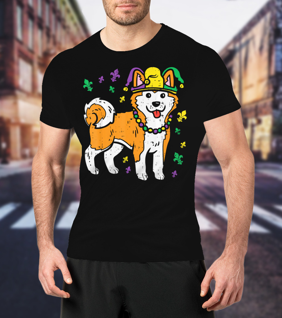 Jester Shiba Inu Akita Japanese Dog Mardi Gras Fleur-de-Lis T-Shirt