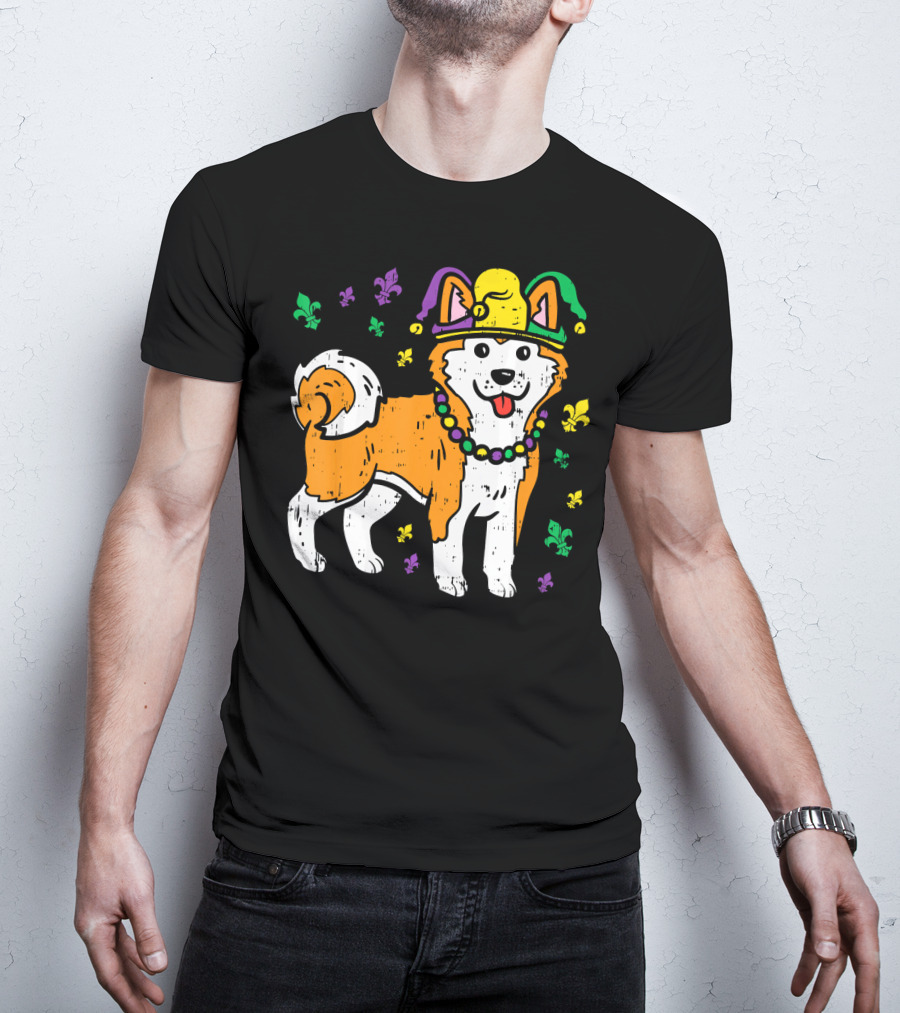 Jester Shiba Inu Akita Japanese Dog Mardi Gras Fleur-de-Lis T-Shirt