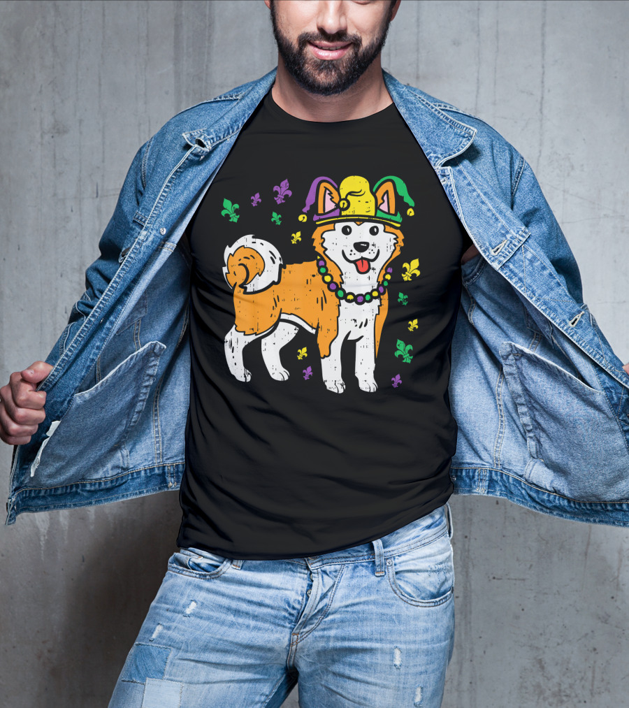 Jester Shiba Inu Akita Japanese Dog Mardi Gras Fleur-de-Lis T-Shirt