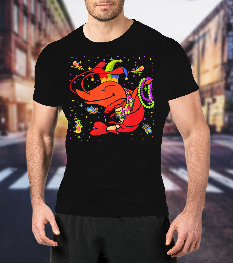 Dabbing Crawfish With Beads And Jester Hat Mardi Gras T-Shirt
