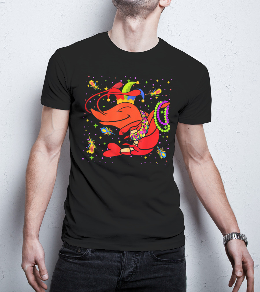 Dabbing Crawfish With Beads And Jester Hat Mardi Gras T-Shirt