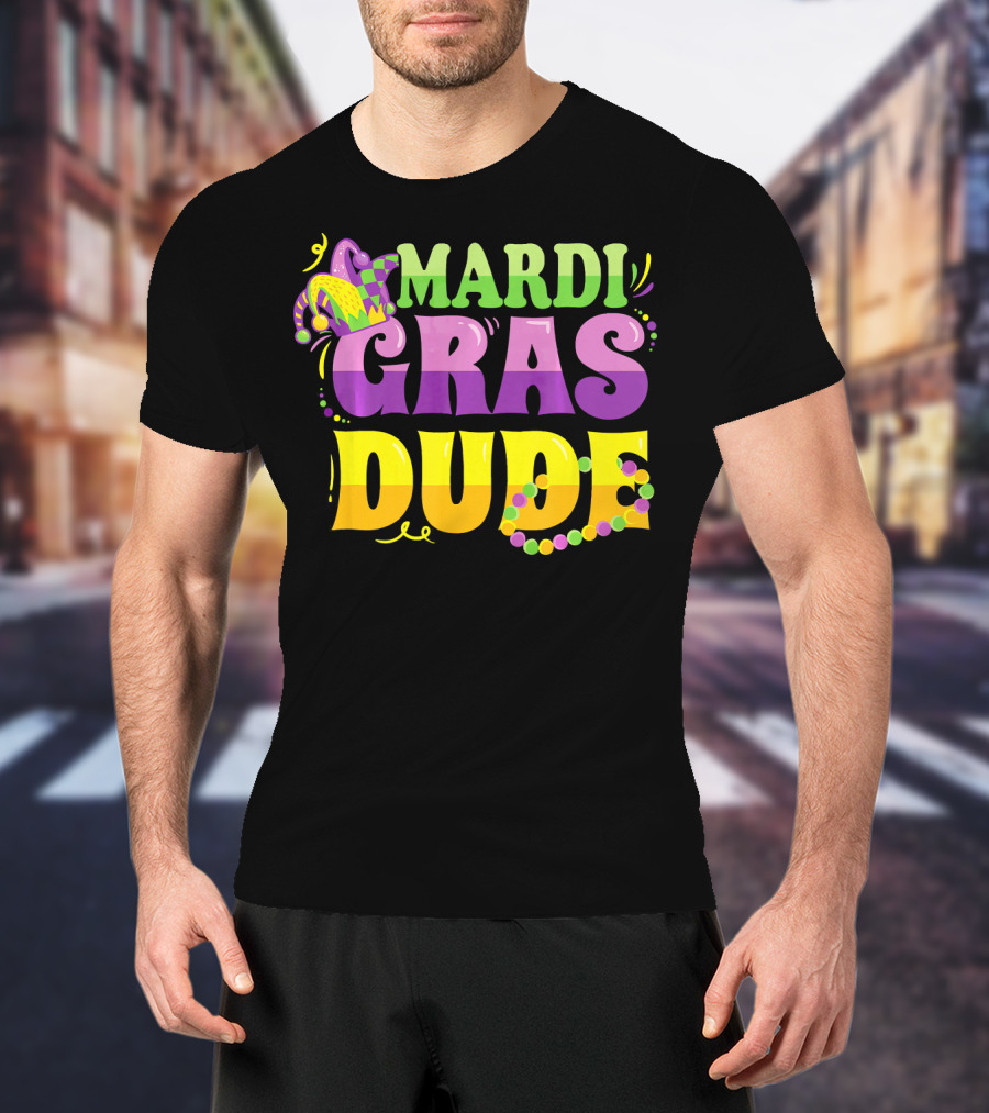 Mardi Gras Dude New Orleans Beads And Jester Hat T-Shirt