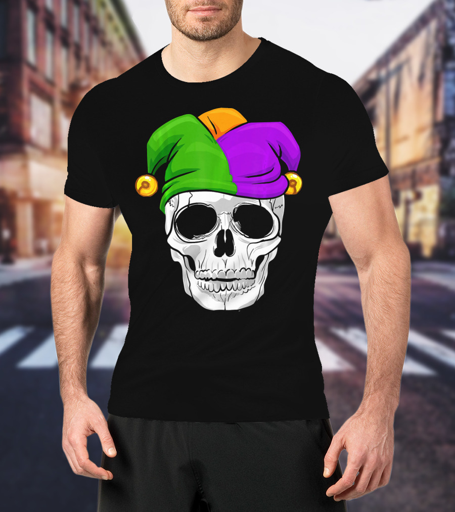 Mardi Gras New Orleans Skull With Colorful Jester Hat T-Shirt