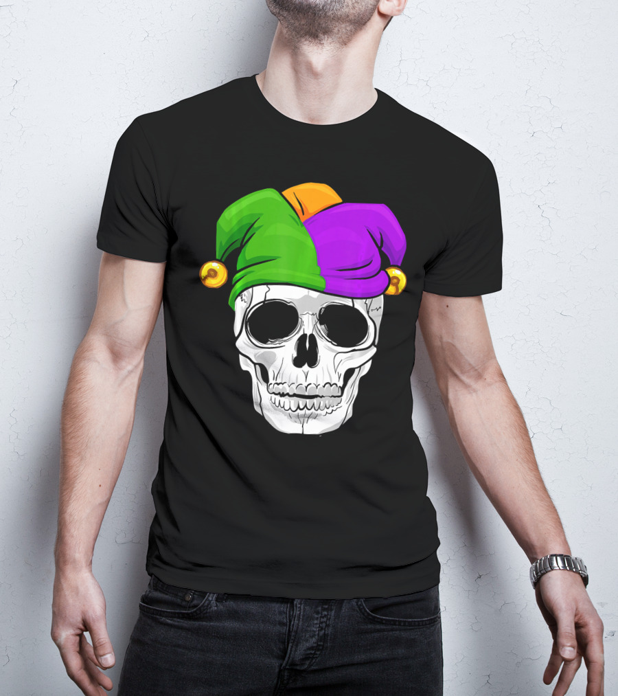 Mardi Gras New Orleans Skull With Colorful Jester Hat T-Shirt