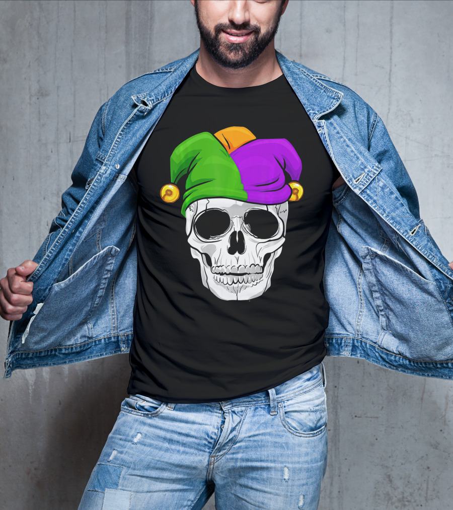 Mardi Gras New Orleans Skull With Colorful Jester Hat T-Shirt