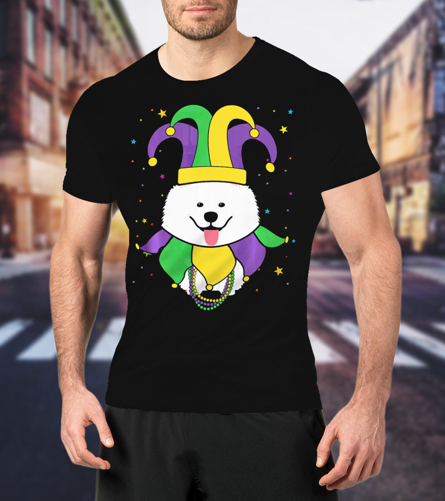 Funny Samoyed With Jester Hat And Mardi Gras Colors T-Shirt