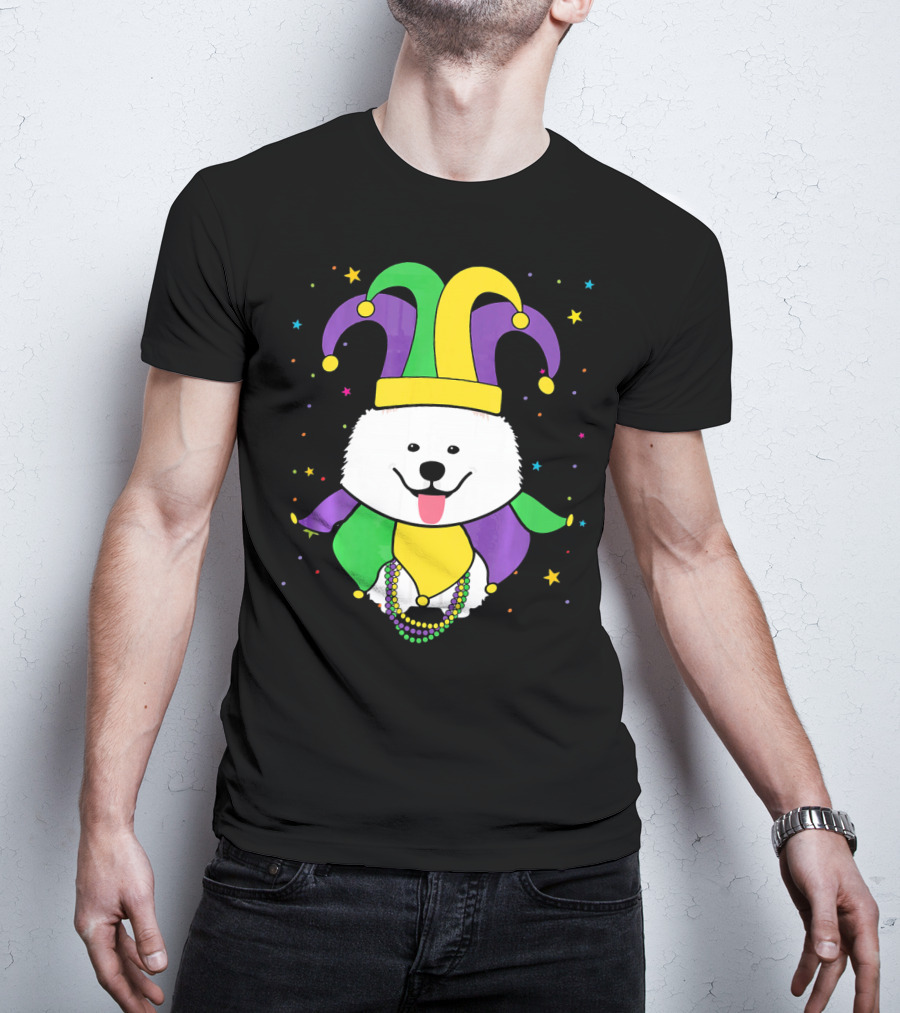 Funny Samoyed With Jester Hat And Mardi Gras Colors T-Shirt